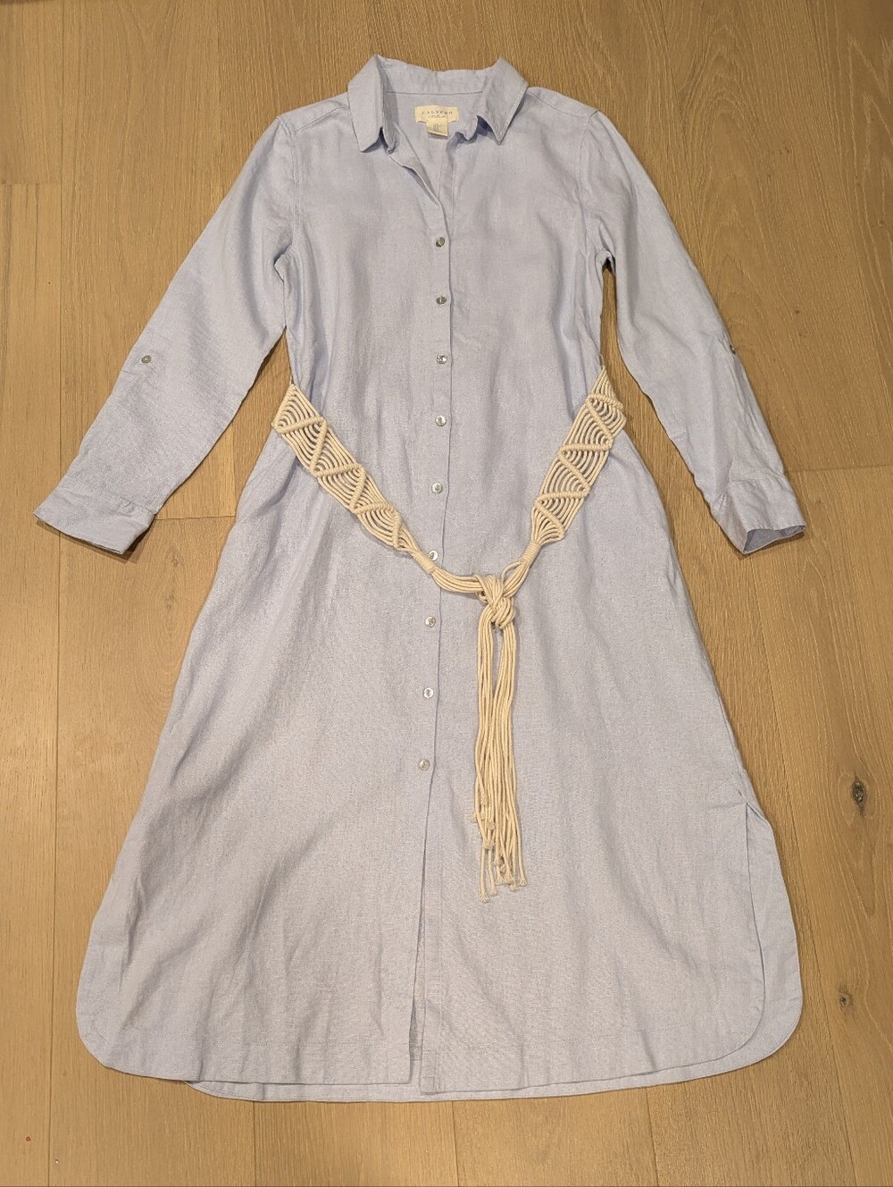 Light Blue Button-Down Shirt Dress with Woven Belt